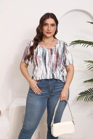 HBEYYTO Womens Plus Size Summer Tops Short Sleeve Pleated T Shirts Casual Scooped Neck Flowy Loose Floral Blouses 1X-5X in Saudi Arabia