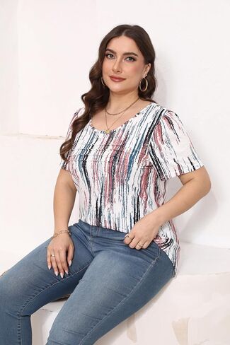 HBEYYTO Womens Plus Size Summer Tops Short Sleeve Pleated T Shirts Casual Scooped Neck Flowy Loose Floral Blouses 1X-5X in Saudi Arabia