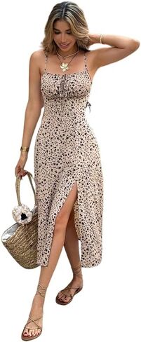 Midi Spaghetti Strap Floral Tie Front Slit Cami Casual Flowy Vacation Dresses for Women 2025 in Saudi Arabia