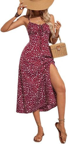Midi Spaghetti Strap Floral Tie Front Slit Cami Casual Flowy Vacation Dresses for Women 2025 in Saudi Arabia
