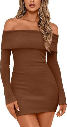 رقبة Lillusory Womens مطوية قبالة الكتف Long Sleeve Mini الخروج in Saudi Arabia