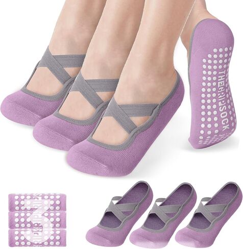 3 Pair Pilates Socks | Yoga Socks for Women Non Slip Barre | Silicon Ankle Grippy Sock for Hospital Exercise in Kuwait