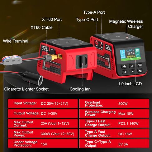 منظم الجهد 300W متوافق مع بطارية DeWalt 20V (البطارية غير المدرجة) ، 1–30 فولت إخراج DC ، شحن سريع 140 واط PD ، شاحن لاسلكي 15W in Kuwait