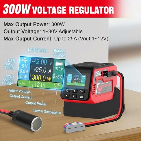 منظم الجهد 300W متوافق مع بطارية DeWalt 20V (البطارية غير المدرجة) ، 1–30 فولت إخراج DC ، شحن سريع 140 واط PD ، شاحن لاسلكي 15W in Kuwait