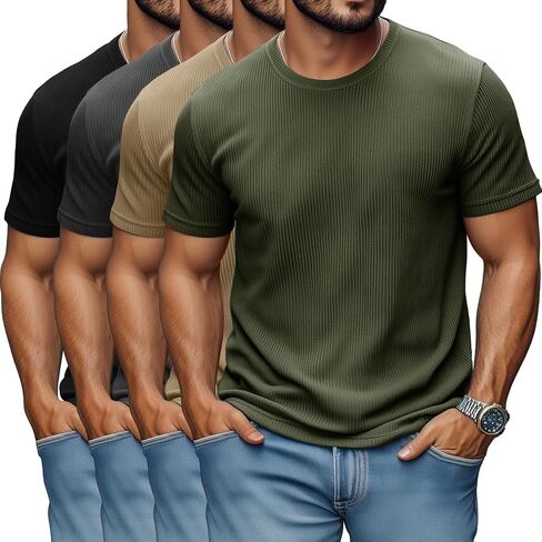 4 Pack Men's Big and Tall T Shirts Short Sleeve Crewneck Ribbed Knit Tops Basic Slim Fit Muscle Tee Shirts in Kuwait