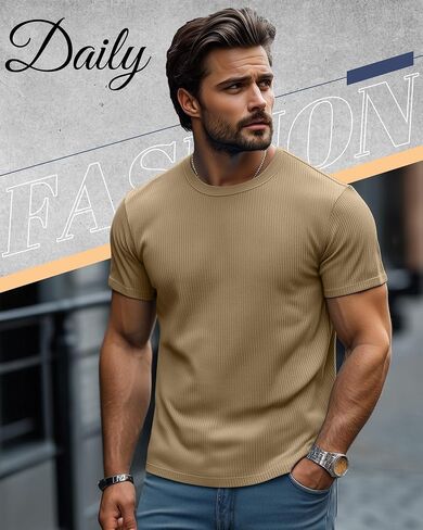 4 Pack Men's Big and Tall T Shirts Short Sleeve Crewneck Ribbed Knit Tops Basic Slim Fit Muscle Tee Shirts in Kuwait