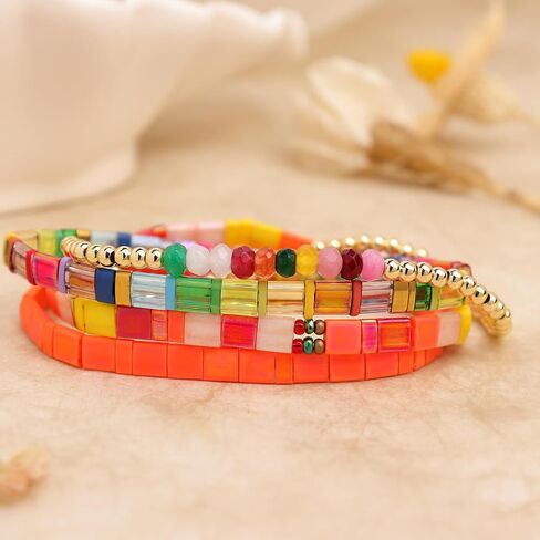 Tila Flat Miyuki Glass Beads Stack Stack Stack Stack for Women ، Boho Colorful Gold Gold Gemstone Gemstone Stretch Festive Holiday Association Gift. in Kuwait