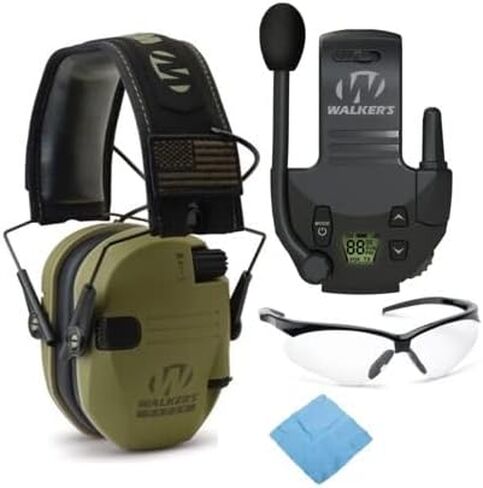 Walker's Razor Slim Electronic Muff (Black Patriot Version) Bundle with Walkie-Talkie Attachment, Shooting Glasses and Cleaning Cloth (4 Items) in Kuwait
