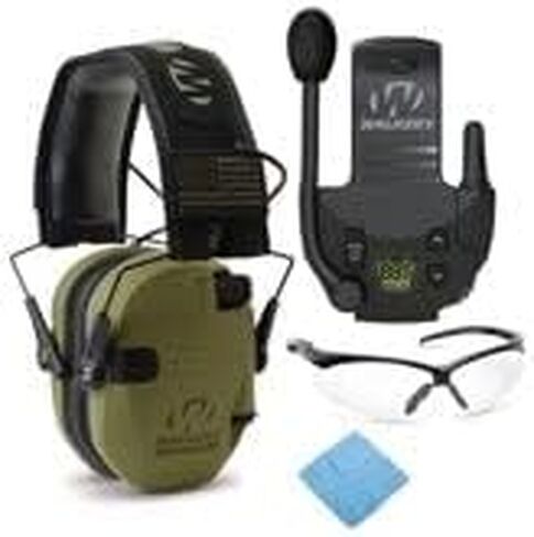 Walker's Razor Slim Electronic Muff (Black Patriot Version) Bundle with Walkie-Talkie Attachment, Shooting Glasses and Cleaning Cloth (4 Items) in Kuwait
