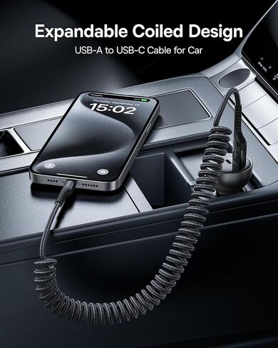 Baseus USB Type C Cable for Car, 100W Retractable Coiled USB A to USB C Fast Charger Cord, Nylon Braided Carplay Cable Compatible with iPhone15/Pro/Plus/Pro Max, Galaxy S24 S23, Note 20 (3.3ft) in Kuwait