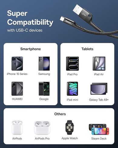 Baseus USB Type C Cable for Car, 100W Retractable Coiled USB A to USB C Fast Charger Cord, Nylon Braided Carplay Cable Compatible with iPhone15/Pro/Plus/Pro Max, Galaxy S24 S23, Note 20 (3.3ft) in Kuwait