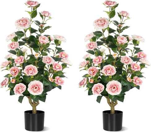 [2-Pack] 37’’ Artificial Camellia Tree with White Flowers, Faux Potted Plant for Indoor & Outdoor Decor, Lifelike Greenery for Home, Office, Porch, or Patio (White) in Saudi Arabia
