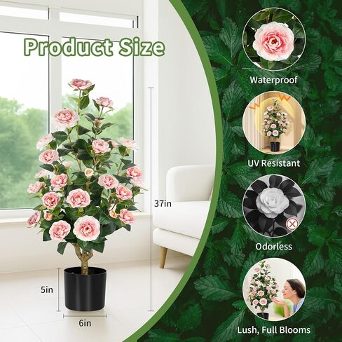 [2-Pack] 37’’ Artificial Camellia Tree with White Flowers, Faux Potted Plant for Indoor & Outdoor Decor, Lifelike Greenery for Home, Office, Porch, or Patio (White) in Saudi Arabia