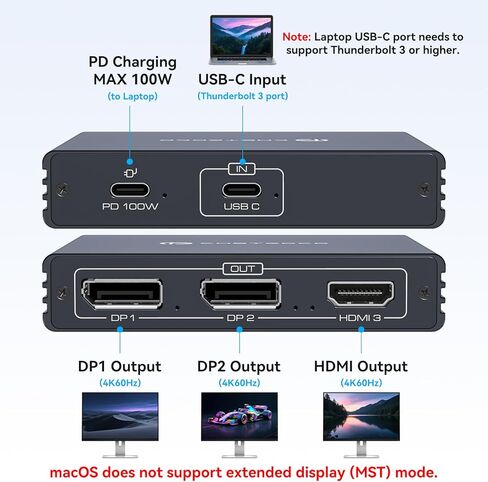 DisplayPort Spintor 3 Sonitors Dual DP مع محول HDMI 4K60Hz شاشة 1 في 3 Out DisplayPort MST HUB للشاشات المتعددة المتوافقة مع الكمبيوتر الشخصي وبطاقة الرسومات و Lenovo و HP والمزيد in Kuwait