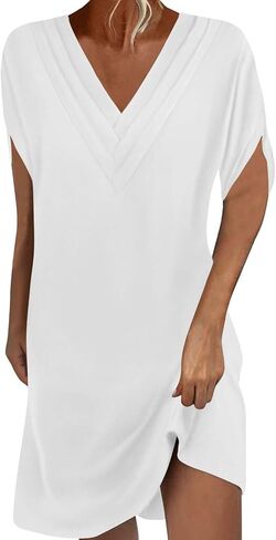 Dresses for Women 2025 Elegant Classy Loose Batwing Short Sleeve V Neck Shift Office Work Mini Dress Tshirt Dress in Saudi Arabia