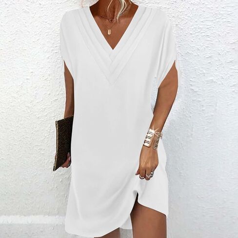 Dresses for Women 2025 Elegant Classy Loose Batwing Short Sleeve V Neck Shift Office Work Mini Dress Tshirt Dress in Saudi Arabia