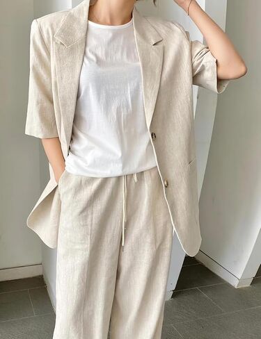 Mywinway Linen Blazer Women 2025 Spring Jackets Summer Blazer Casual Lightweight Short Sleeve Button Down Cardigan Tops in Kuwait