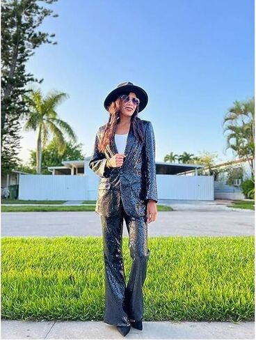 Women's Sequined Fashion Suit Set One Button 2 Piece Wedding Tuxedos Blazer Pants Prom Party Outfit in Saudi Arabia