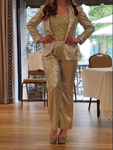Women's Sequined Fashion Suit Set One Button 2 Piece Wedding Tuxedos Blazer Pants Prom Party Outfit in Saudi Arabia