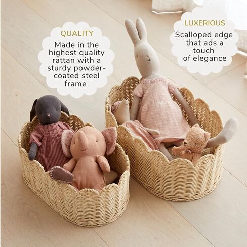 مجموعة سلال متموجة فريدة من نوعها مكونة من 2 - سلة أسقلوب منسوجة يدويًا - 16 × 10 × 7 بوصة - سلة خوص صدفية - سلة ذات حافة صدفية - سلة تخزين صدفية in Kuwait