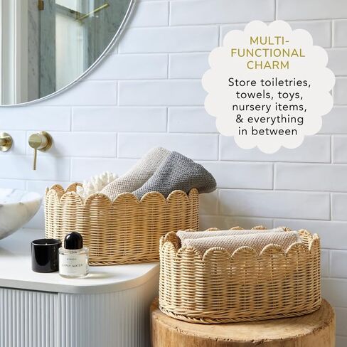 مجموعة سلال متموجة فريدة من نوعها مكونة من 2 - سلة أسقلوب منسوجة يدويًا - 16 × 10 × 7 بوصة - سلة خوص صدفية - سلة ذات حافة صدفية - سلة تخزين صدفية in Kuwait