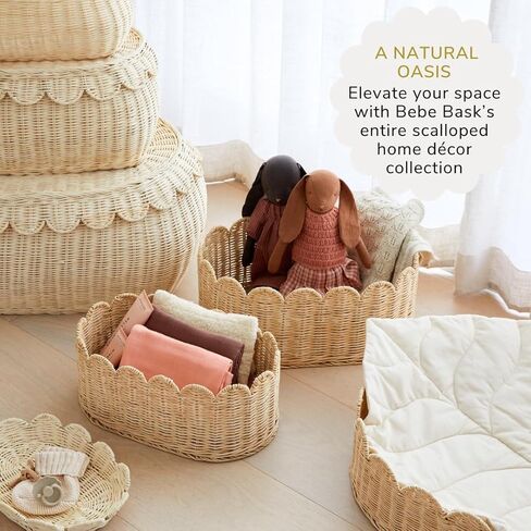 مجموعة سلال متموجة فريدة من نوعها مكونة من 2 - سلة أسقلوب منسوجة يدويًا - 16 × 10 × 7 بوصة - سلة خوص صدفية - سلة ذات حافة صدفية - سلة تخزين صدفية in Kuwait