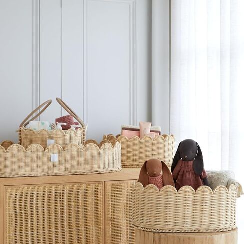 مجموعة سلال متموجة فريدة من نوعها مكونة من 2 - سلة أسقلوب منسوجة يدويًا - 16 × 10 × 7 بوصة - سلة خوص صدفية - سلة ذات حافة صدفية - سلة تخزين صدفية in Kuwait