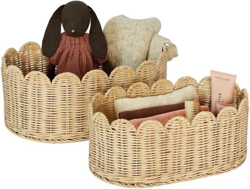 مجموعة سلال متموجة فريدة من نوعها مكونة من 2 - سلة أسقلوب منسوجة يدويًا - 16 × 10 × 7 بوصة - سلة خوص صدفية - سلة ذات حافة صدفية - سلة تخزين صدفية in Kuwait