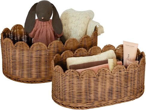 Unique Wavy Scalloped Basket Set Of 2 - Hand Woven Scallop Basket - 16 x 10 x 7 In - Scalloped Wicker Basket - Scalloped Edge Basket - Scalloped Storage Basket in Kuwait