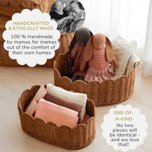 Unique Wavy Scalloped Basket Set Of 2 - Hand Woven Scallop Basket - 16 x 10 x 7 In - Scalloped Wicker Basket - Scalloped Edge Basket - Scalloped Storage Basket in Kuwait