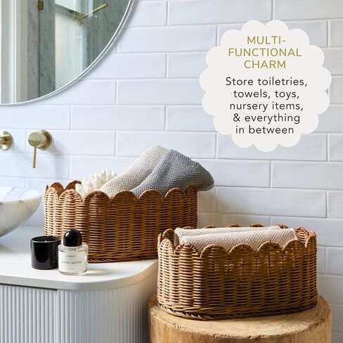 Unique Wavy Scalloped Basket Set Of 2 - Hand Woven Scallop Basket - 16 x 10 x 7 In - Scalloped Wicker Basket - Scalloped Edge Basket - Scalloped Storage Basket in Kuwait