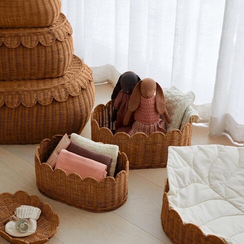 Unique Wavy Scalloped Basket Set Of 2 - Hand Woven Scallop Basket - 16 x 10 x 7 In - Scalloped Wicker Basket - Scalloped Edge Basket - Scalloped Storage Basket in Kuwait