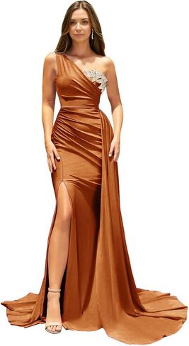 One Shoulder Bridesmaid Dress for Wedding Mermaid Beaded Evening Gowns with Slit Ruched Sleeveless Formal Gown in Saudi Arabia