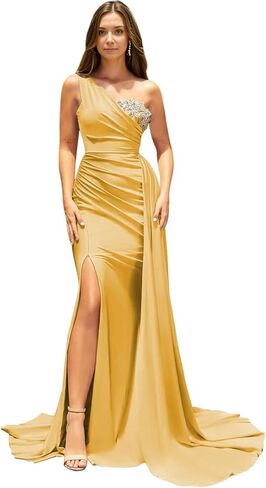 One Shoulder Bridesmaid Dress for Wedding Mermaid Beaded Evening Gowns with Slit Ruched Sleeveless Formal Gown in Saudi Arabia