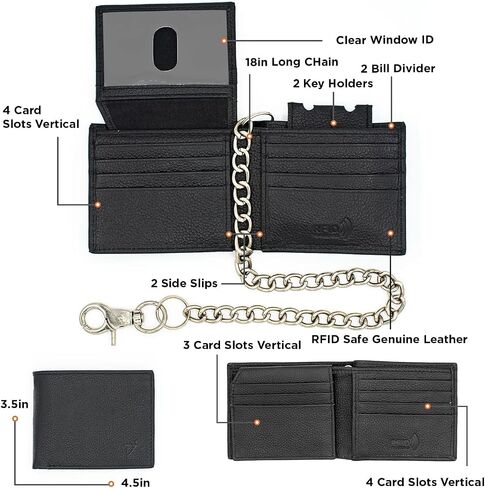 J T C JUZAR TAPAL COLLECTION Genuine Leather RFID Blocking Bifold Wallet for Men, Stylish Bifold, Stainless Chain, Flip-up Window ID (J521BF-WC, Black) in Kuwait