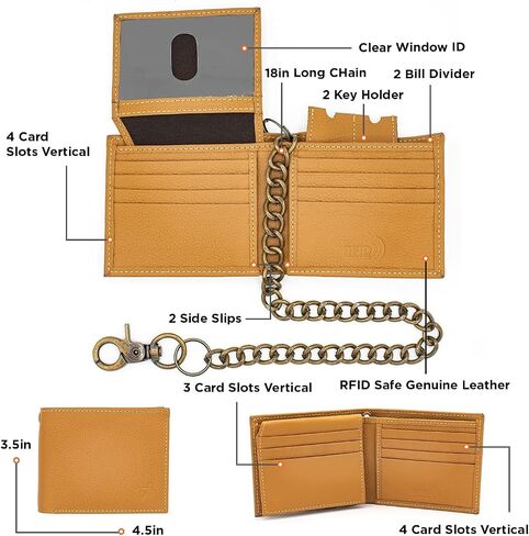 J T C JUZAR TAPAL COLLECTION Genuine Leather RFID Blocking Bifold Wallet for Men, Stylish Bifold, Stainless Chain, Flip-up Window ID (J521BF-WC, Black) in Kuwait
