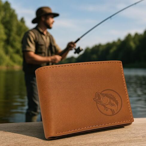 المارشال الجلود الأصلية RFID حجب Bass Bass Wallet للرجال - محافظ الصيد Bifold & Trifold مع تصميم Debossing (Trifold Brown) in Kuwait