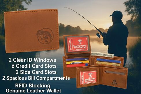 المارشال الجلود الأصلية RFID حجب Bass Bass Wallet للرجال - محافظ الصيد Bifold & Trifold مع تصميم Debossing (Trifold Brown) in Kuwait