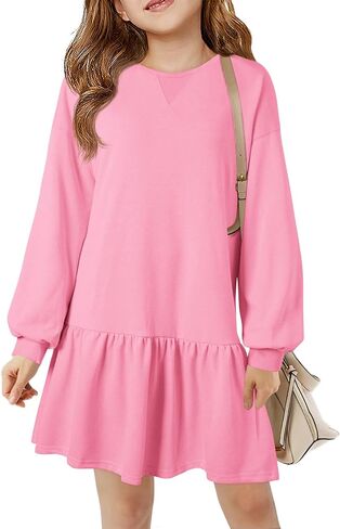 Haloumoning Girls Long Sleeve Dresses Sweatshirt Dress Kids Casual Crewneck Rib Knit Patchwork Mini Dress 5-14 Years in Saudi Arabia
