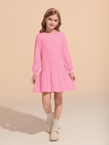 Haloumoning Girls Long Sleeve Dresses Sweatshirt Dress Kids Casual Crewneck Rib Knit Patchwork Mini Dress 5-14 Years in Saudi Arabia
