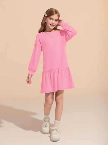 Haloumoning Girls Long Sleeve Dresses Sweatshirt Dress Kids Casual Crewneck Rib Knit Patchwork Mini Dress 5-14 Years in Saudi Arabia