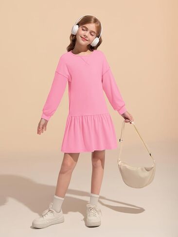 Haloumoning Girls Long Sleeve Dresses Sweatshirt Dress Kids Casual Crewneck Rib Knit Patchwork Mini Dress 5-14 Years in Saudi Arabia