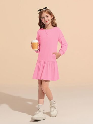 Haloumoning Girls Long Sleeve Dresses Sweatshirt Dress Kids Casual Crewneck Rib Knit Patchwork Mini Dress 5-14 Years in Saudi Arabia