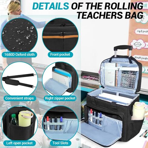 ORKELS Rolling Teacher Bag with Detachable Trolley, Wheeled Teacher Tote for 15.6'' Laptop, Books & Supplies, Spacious & Durable with Easy Maneuverability (Black) in Saudi Arabia