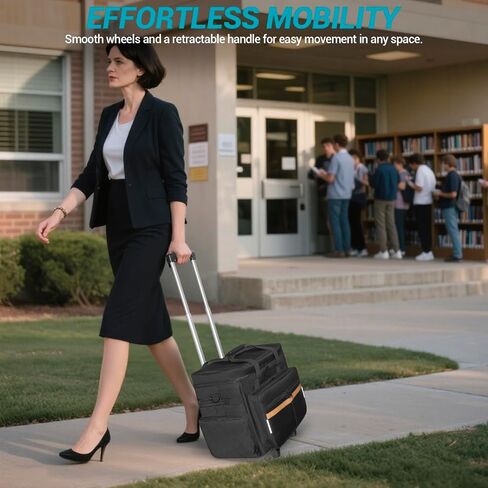 ORKELS Rolling Teacher Bag with Detachable Trolley, Wheeled Teacher Tote for 15.6'' Laptop, Books & Supplies, Spacious & Durable with Easy Maneuverability (Black) in Saudi Arabia