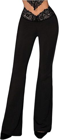 GORGLITTER Women's Lace Gothic Y2K Pants Bell Bottom Goth Pant Elastic Waisted Flared Leggings in Saudi Arabia