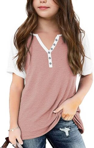 الفتاة قصيرة الأكمام Henley Neckt Button V Vist Tunic Blouse Block Basic Tees Tops 5-14 Years in Kuwait