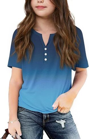الفتاة قصيرة الأكمام Henley Neckt Button V Vist Tunic Blouse Block Basic Tees Tops 5-14 Years in Kuwait