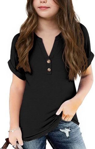 الفتاة قصيرة الأكمام Henley Neckt Button V Vist Tunic Blouse Block Basic Tees Tops 5-14 Years in Kuwait