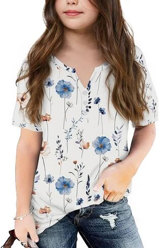 الفتاة قصيرة الأكمام Henley Neckt Button V Vist Tunic Blouse Block Basic Tees Tops 5-14 Years in Kuwait